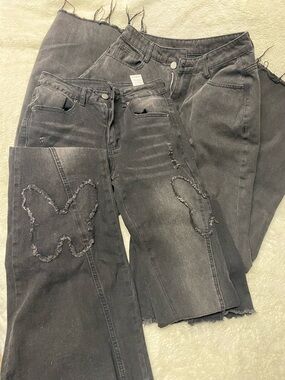 BUNDLE Black Women's Distressed Butterfly Jeans + Black Wide Leg Denim Jeans